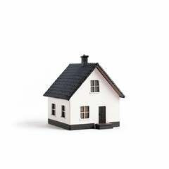 A small, white house model, dark gray roof, simple design