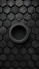 Dark gray background with mosaic texture and circular hole in center, black stone wall hexagonal pattern abstract 3d rendering illustration wallpaper design element.