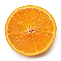 High-angle close-up of an orange slice.  A vibrant, round slice of orange fruit, displaying the segments radiating from the center. The interior of the orange is a pale orange, 