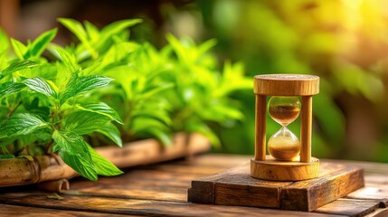 A wooden hourglass sits on a rustic table beside lush green plants, bathed in warm, natural sunlight