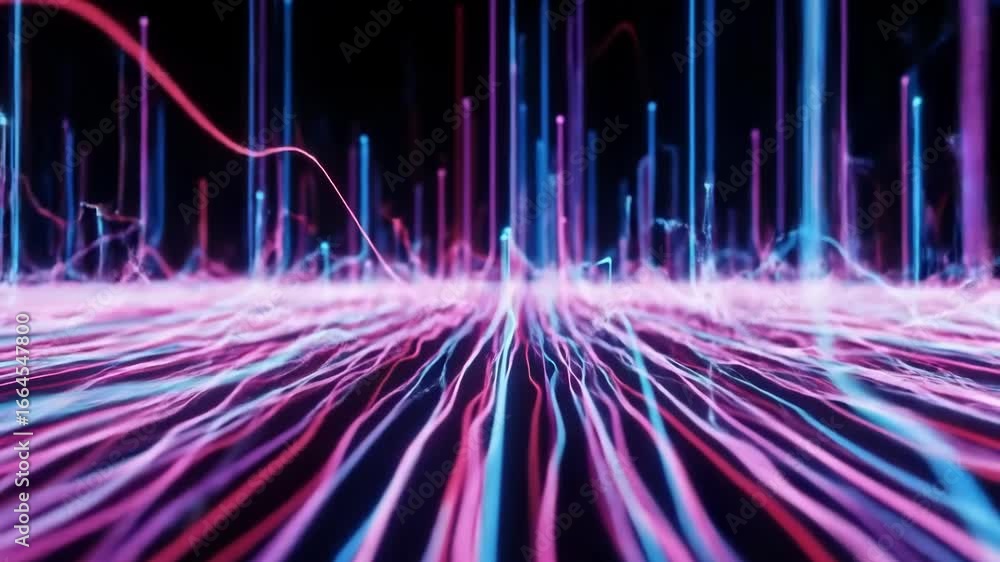 Poster abstract visualization of digital data streams and network connections, with glowing blue and red li