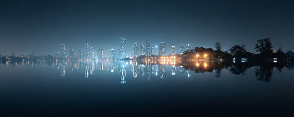 Dramatic city skyline at night reflected in tranquil water. Serene yet powerful, suitable for themes of urban life, dreams, ambition,  peaceful coexistence.