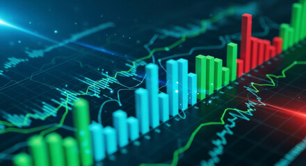 Fluctuating financial data presented on a digital screen with a dynamic bar chart and graphs, representing market trends and trading analysis