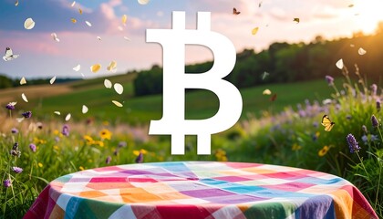 A vibrant summer scene showcasing a Bitcoin symbol over a colorful picnic table amidst a field of wildflowers, butterflies, and falling flower petals.