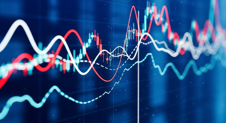 Financial market data displayed as a digital chart with multiple graphs and candlestick patterns, representing stock trends and economic analysis