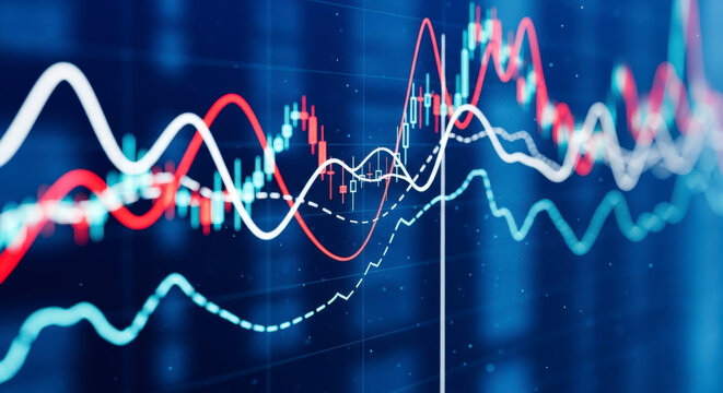Financial market data displayed as a digital chart with multiple graphs and candlestick patterns, representing stock trends and economic analysis
