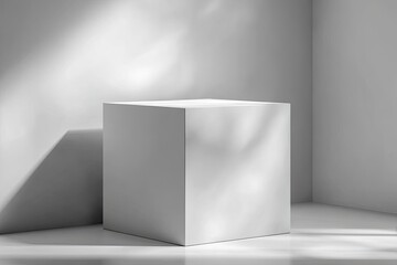 Fototapeta premium Blank white cube display podium in sunlit corner