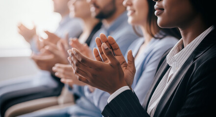 Smiling professional business people applauding a successful presentation at a conference or seminar, celebrating an achievement in a dynamic team environment