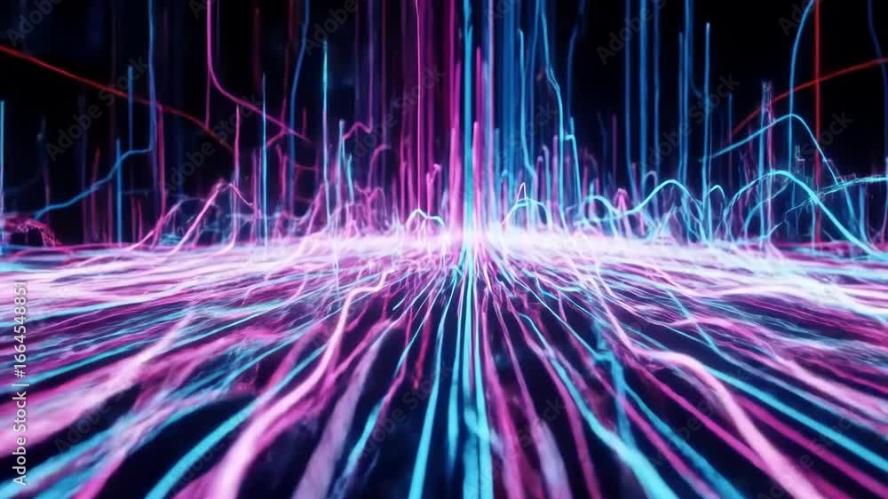 Poster abstract digital data stream with neon blue and pink lines flowing in a futuristic tunnel, represent