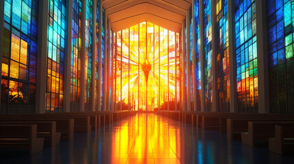 Modern cathedral interior, abstract stained-glass panels in blue and gold, radiating light of divine mercy