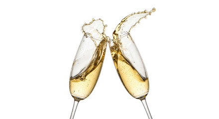 Two classic, elegant crystal champagne flutes clinking, golden sparkling wine splashing spectacularly, isolated against a transparent background with negative space. Concept of success and celebration