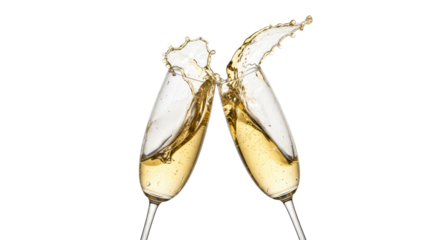 Two classic, elegant crystal champagne flutes clinking, golden sparkling wine splashing spectacularly, isolated against a transparent background with negative space. Concept of success and celebration