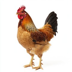 Fototapeta premium Rooster, standing, full view, against white background, displays rich brown and reddish-brown plumage, distinct patterns, and vibrant red comb and wattle