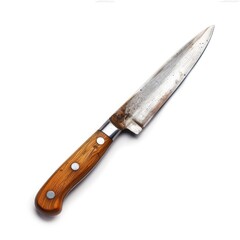 Rusty kitchen knife, light brown wooden handle, and a slightly curved, steel blade