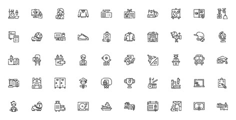 High School icon set. Vector illustration. Education symbols for Science, Teacher, Student, Graduation, School bus, Exam, Library and more.