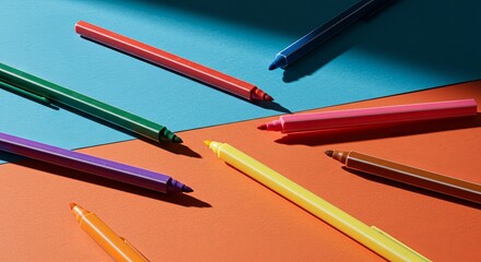 Colored markers on colored background with shadow. Сreative layout 