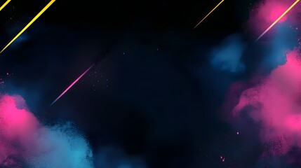 A vibrant abstract design features streaks of bright yellow and diagonal lines against a backdrop of dark blues and pinks.