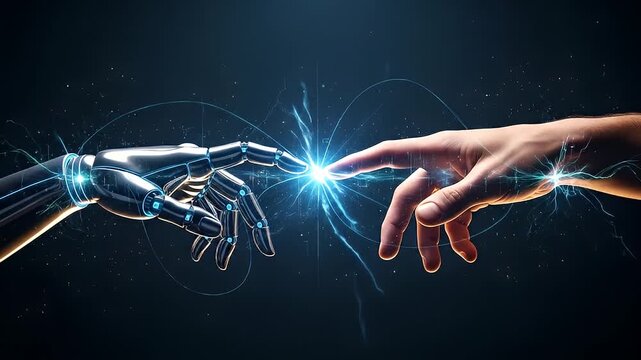 Close up of a robot and human finger connecting with a spark of blue energy and electricity