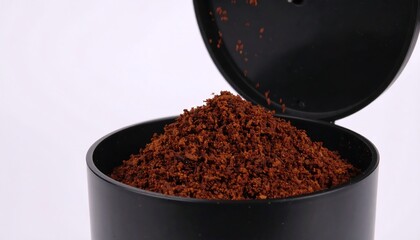 Ground coffee is poured from a black container, showcasing the rich, dark brown granules against a plain white background.