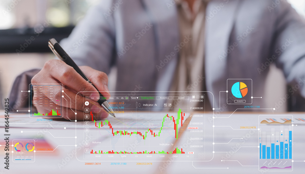 Poster businessman sitting on desk in office using pen working with diagrams and graphs on virtual screen. 
