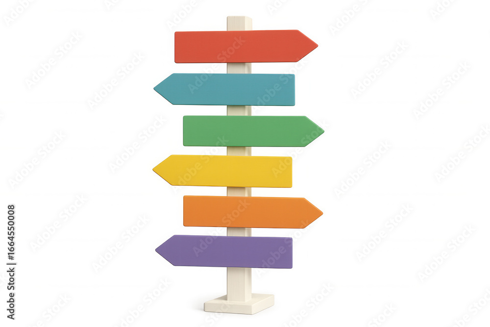Poster colorful 3d signpost with six blank directional arrows pointing outward, floating against transparen