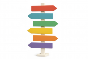Colorful 3d signpost with six blank directional arrows pointing outward, floating against transparent background, ready for personalized wayfinding messaging
