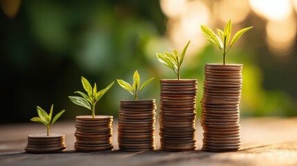 Stacks of coins with growing plants symbolize financial growth, investment, and sustainability in a natural, sunlit setting