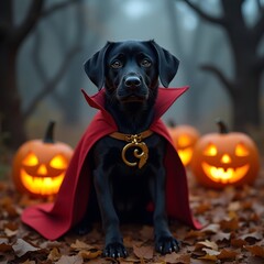 Obraz premium Adorable black dog dressed as a vampire for halloween