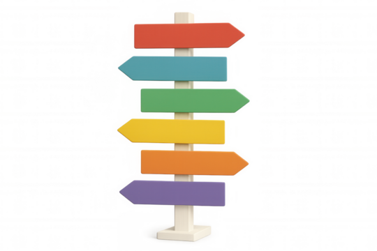 Colorful 3d signpost with six blank directional arrows pointing outward, floating against transparent background, ready for personalized wayfinding messaging