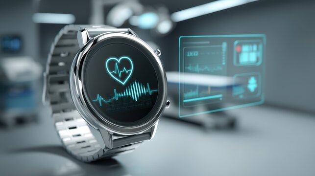A modern smartwatch displays a heart rate monitor in a high-tech, futuristic setting with digital health data visualizations - Powered by Adobe
