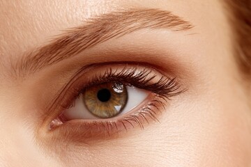 Obraz premium A close-up image of a hazel eye with well-groomed eyebrow and natural makeup, showing detailed skin texture and eyelashes