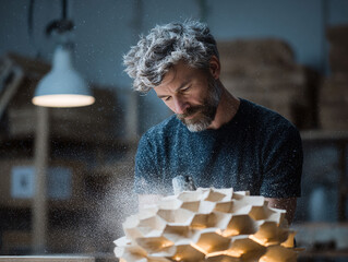 Craftsman meticulously working on a geometric art piece. Concept dedication, skill, artistic expression. Metaphor transformation, building, precision.  Good for creative or business use.