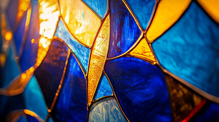 Close-up of abstract blue and gold stained glass, divine mercy expressed through glowing geometry