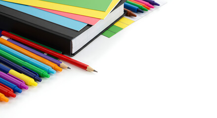 Fototapeta premium Colorful Pencils, Crayons, Book & Paper on White