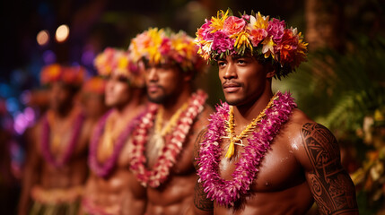 Traditional Samoan male dancers in vibrant flower crowns and leis performing cultural dance at Teuila Festival celebration in Samoa showcasing heritage and island traditions.