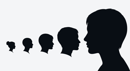 Silhouettes of heads showing the stages of human growth and development from infancy to adulthood.