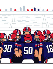 Dynamic illustration of a professional football team in a huddle, showcasing strategic discussion and unity on the field during an intense game, emphasizing teamwork and focus