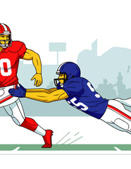 Intense American football illustration capturing a powerful runner in red trying to escape a determined tackle by a blue-clad defender on the gridiron