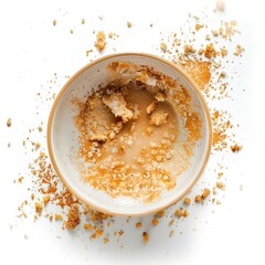 Empty beige bowl, remnants of crumbs and liquid, scattered on white background