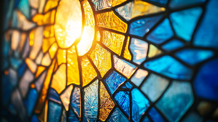 Close-up of stained-glass window with fractured blue-gold light, abstract divine mercy theme
