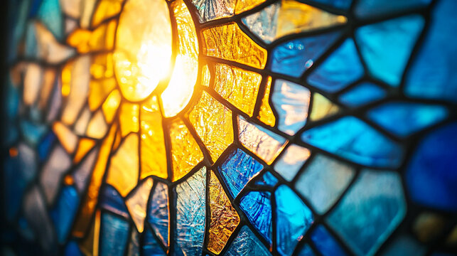 Close-up of stained-glass window with fractured blue-gold light, abstract divine mercy theme