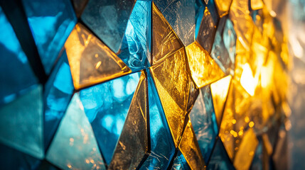 Modern sacred art installation, stained-glass shards in blue and gold glowing in evening light