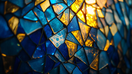 Close-up of fractured stained-glass composition, glowing azure and golden shards forming divine aura