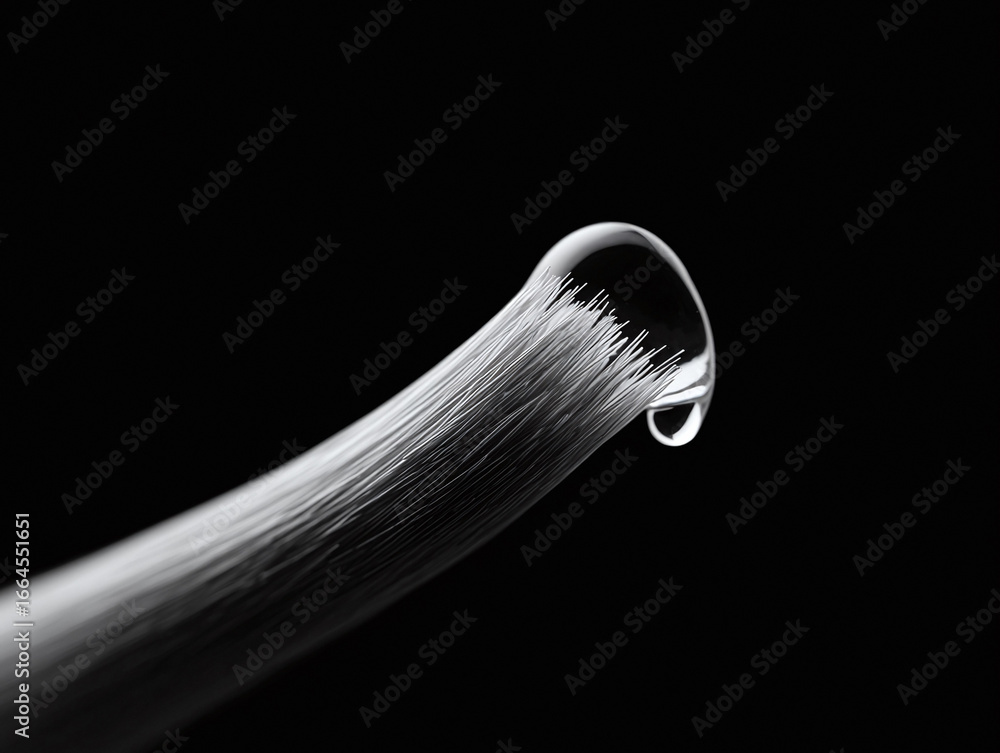 Poster monochrome image of fine fibers merging into a drop, isolated against a dark backdrop. evokes concep