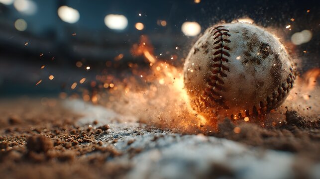 Explosive, action-packed photograph of a softball on fire, trailing sparks and flames as it speeds over home plate in a brightly lit stadium at night, capturing the game's intensity.