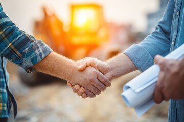 Two people shake hands at a construction site, sealing a deal or agreement with machinery and sunlight in the background
