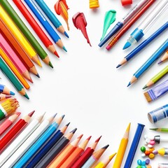 Colorful art supplies arranged in a heart shape on a white background