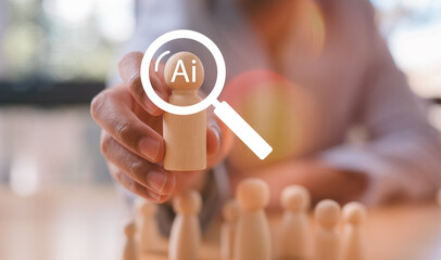 AI technology in business concept, Customer Relationship Management, Executive's select Human Resource Businessman with wooden people ai working together or Hr choosing people with ai knowledge