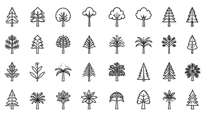 Collection of diverse tree silhouettes in a simple, outline style.