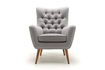 Modern gray leather tufted armchair with wooden legs on white background